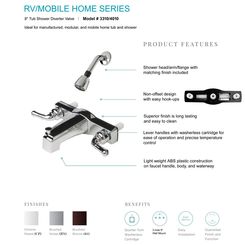 Home & Garden Mobile Home Two Handle 8" Tub Shower Faucet Diverter